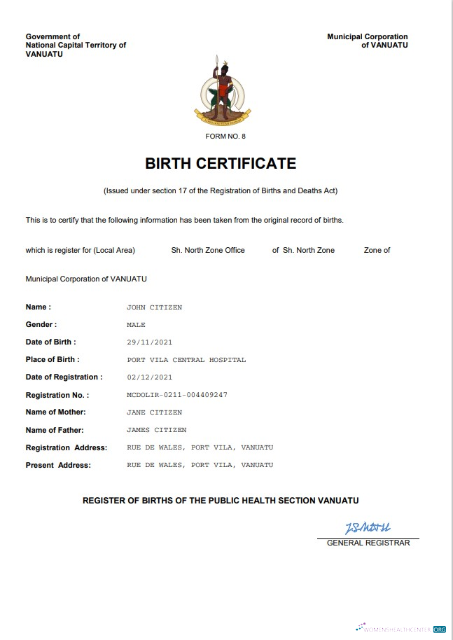 Download Vanuatu birth certificate Word and PDF template Photoshop template